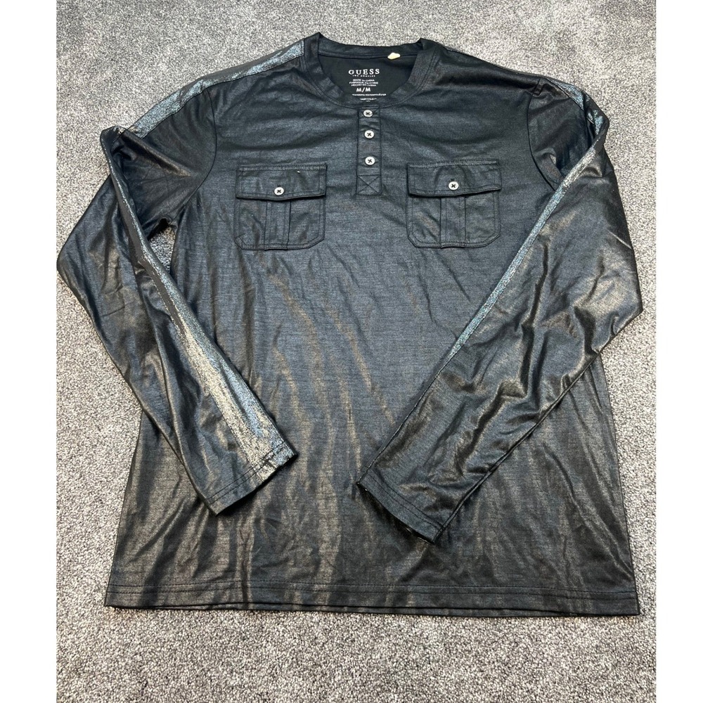 Guess Los Angeles Metallic Black Henley Long Sleeve Shirt Men's Size Medium